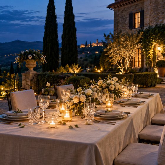Tavola apparecchiata per una cena privata in villa